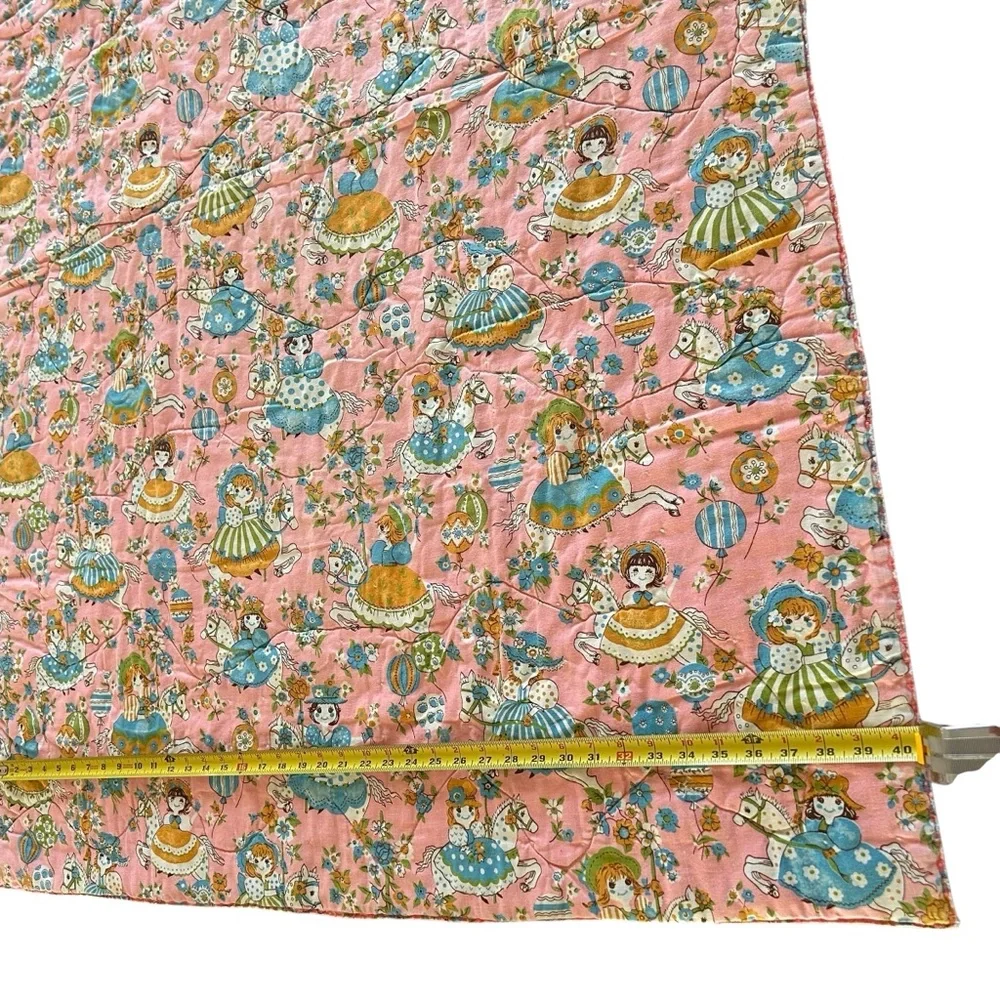 Vintage 1960's Mid Century Girl's Pink girl on carousel baby blanket 40” x 56”